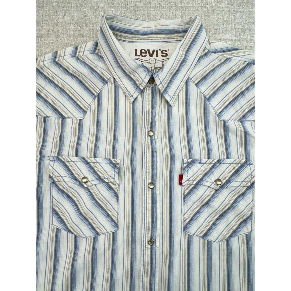 Levi's Shirt Mens  Large Blue Yellow Strip Pearl‎ Snap Short Sleeves Pockets